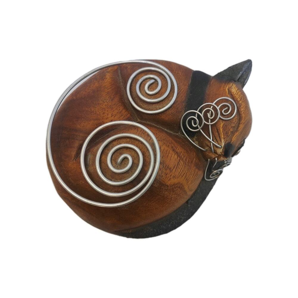 Hand Carved Solid Wood Sleeping Curled Up Cat Wire Whiskers & Accents Thailand